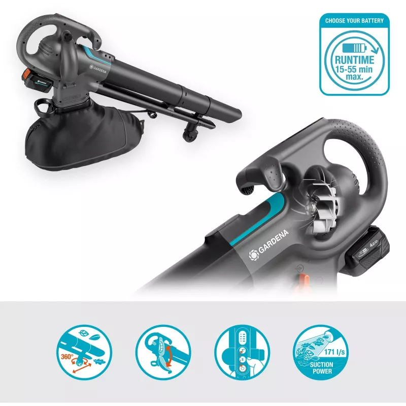 Gardena PowerJet Collect 18V P4A Solo aspiratore/soffiatore per foglie a batteria, grigio/nero, 14895-55