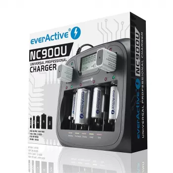 Caricabatterie everActive NC-900U universale DC — carica AA, AAA, C, D, 9V, fino a 6 celle, nero