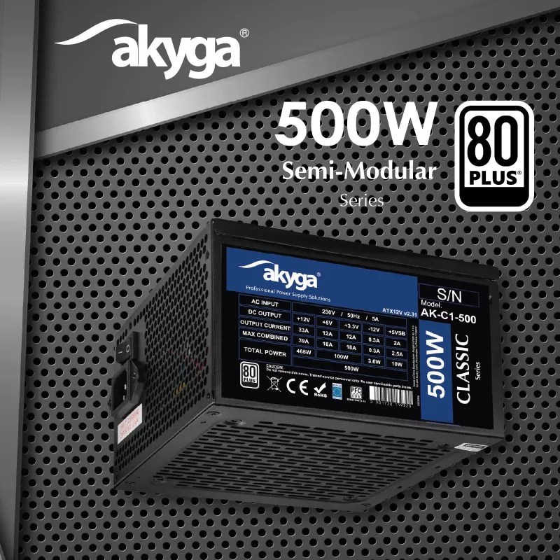 Akyga Classic AK-C1-500 alimentatore ATX 500 W, 80 PLUS, PFC attivo, ventola 120 mm