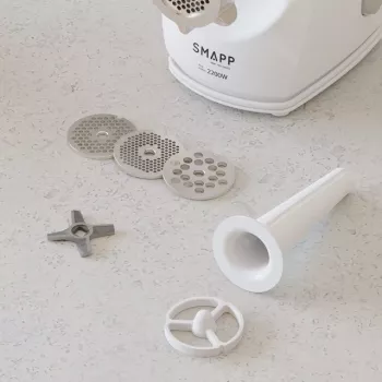 Tritacarne elettrico SMAPP 490.8 — 2200 W, 1 velocità, 3 dischi forati (Ø 2,7–8 mm), bianco