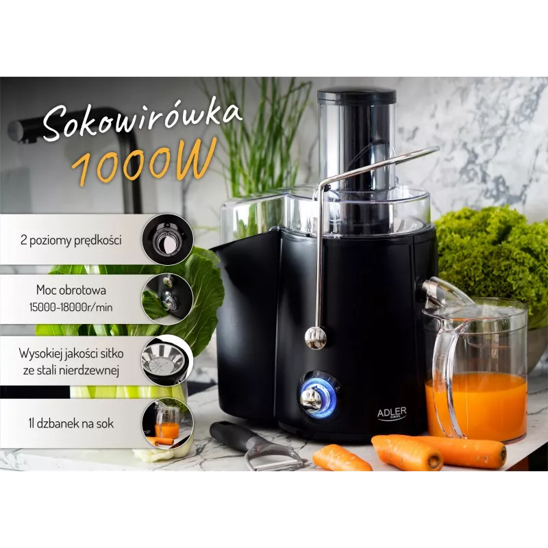 Estrattore centrifugo Adler AD 4127 — 1000 W, nero, contenitore per succo, 3,9 kg