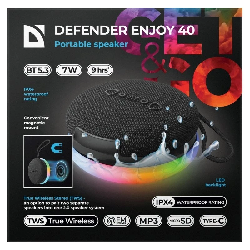 Diffusore Bluetooth portatile DEFENDER ENJOY 40 — 7 W RMS, Bluetooth 5.3, illuminazione LED, batteria LiPo, 9 h, nero