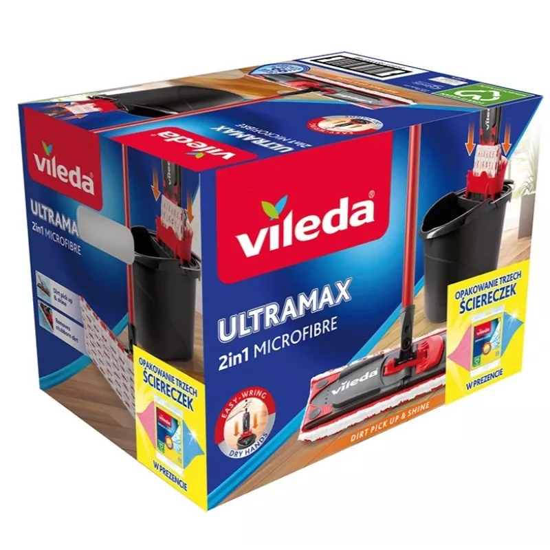 Lavapavimenti VILEDA Ultramax BOX 177453 con testa in microfibra ricaricabile, secchio con strizzatore, 3 panni lavabili, nero