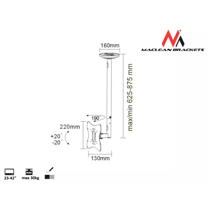 Maclean MC-504A S Supporto da soffitto regolabile 23-42 30kg