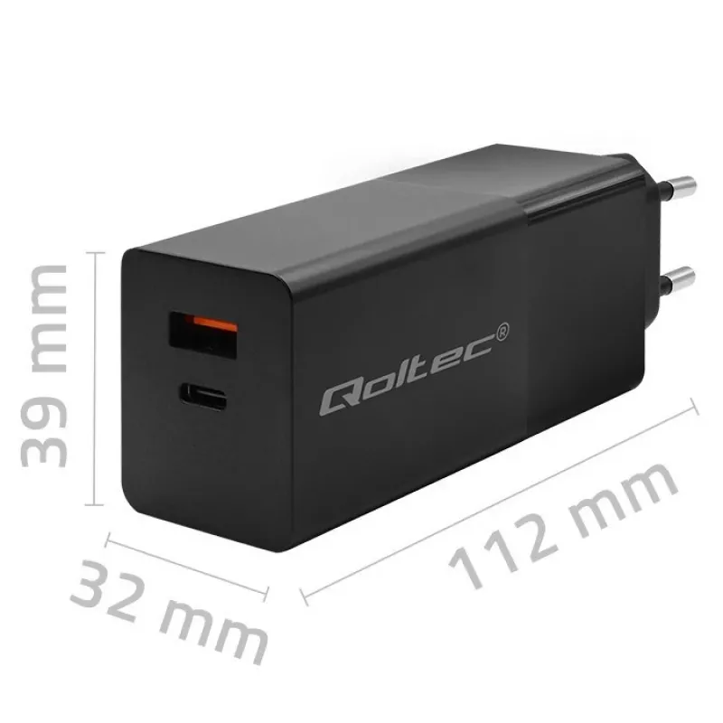 Qoltec 52382 GaN POWER PRO caricabatterie | 1xUSB Type C | 1xUSB A | 100W | 5-20V | 1.5-5A | PD | nero