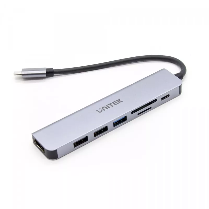 Hub USB-C Unitek 7in1 alluminio PD 100W 5 Gbps — adattatore multiporta con Power Delivery