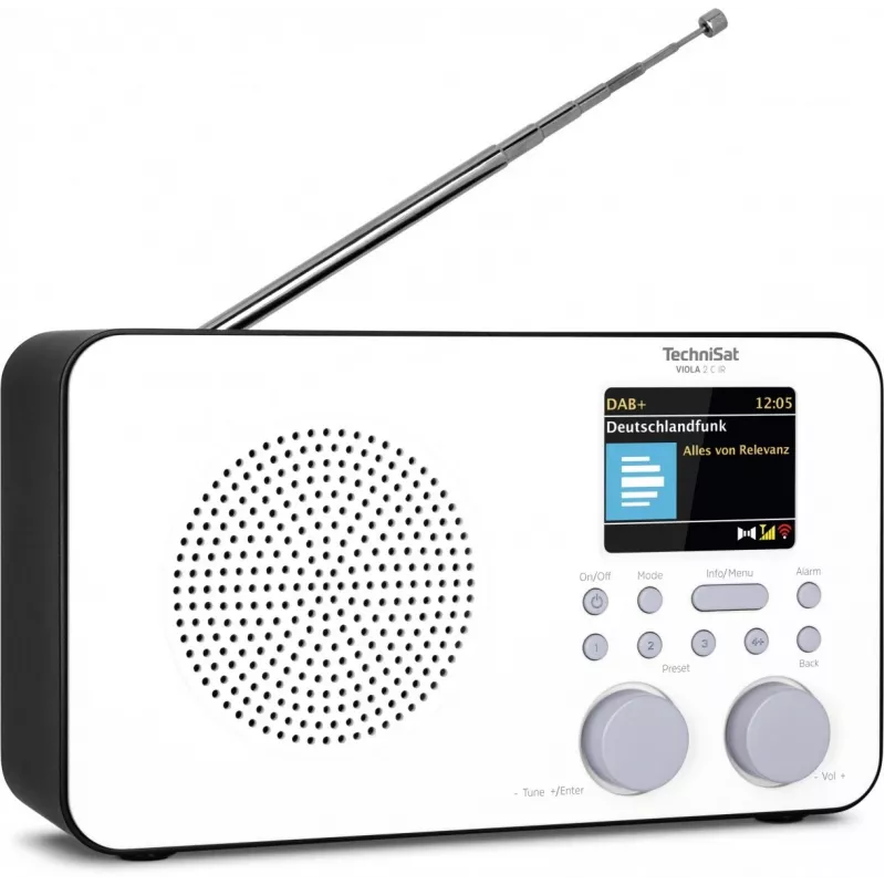 Radio internet TECHNISAT VIOLA 2 C IR — sintonizzatore analogico e digitale, DAB+/FM, Wi‑Fi, 3 W, TFT 2,4 pollici, 3,5 mm, nero/bianco