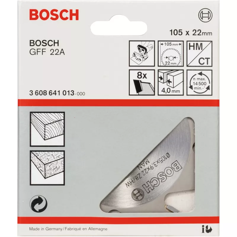 Bosch 3608641013 fresa per scanalature, 105 x 22 mm, 8 denti, per GFF 22 A