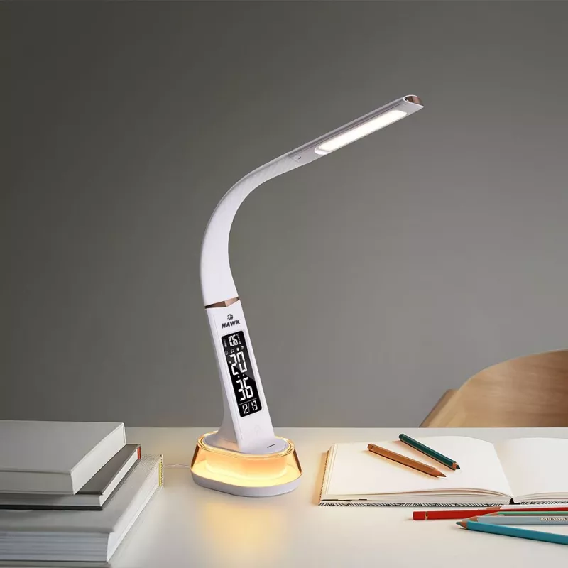 Lampada da scrivania Hawk HW-LAMP05 bianca LED regolabile — lampada da lavoro LED compatta con braccio regolabile
