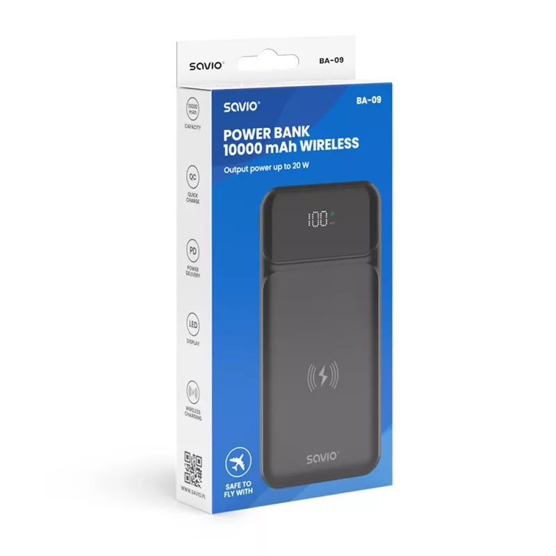 Power bank wireless Savio BA-09, 10000 mAh, nero