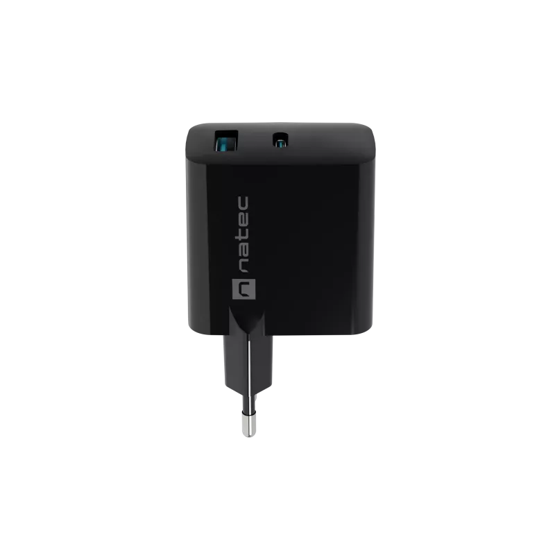 Caricabatterie con filo per dispositivi mobili NATEC NUC-2143, 45 W, USB-C PD 3.0 + USB-A QC 3.0, 110–240 V, nero