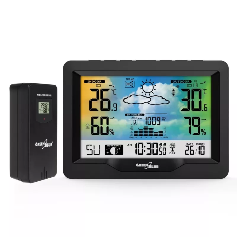 Igrometro termometro GreenBlue GB540 — interno 0–50°C / esterno -20–65°C, orologio DCF, sensore esterno 60 m, nero
