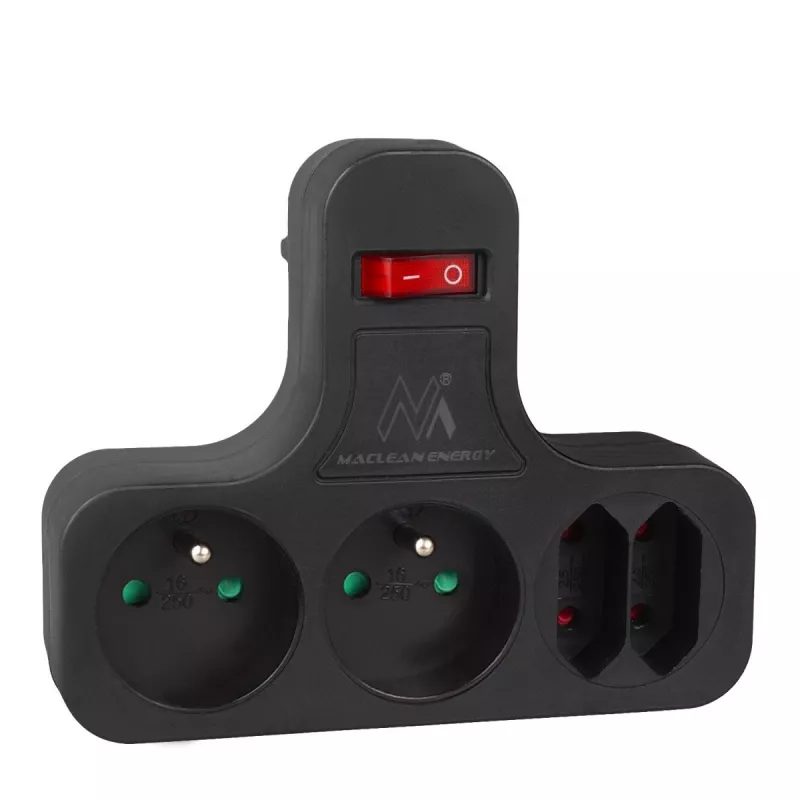 Maclean Presa elettrica, quadrupla con interruttore, piede stabilizzante, tipo E, 2x2,5A, 2x16A, MCE224 E/B