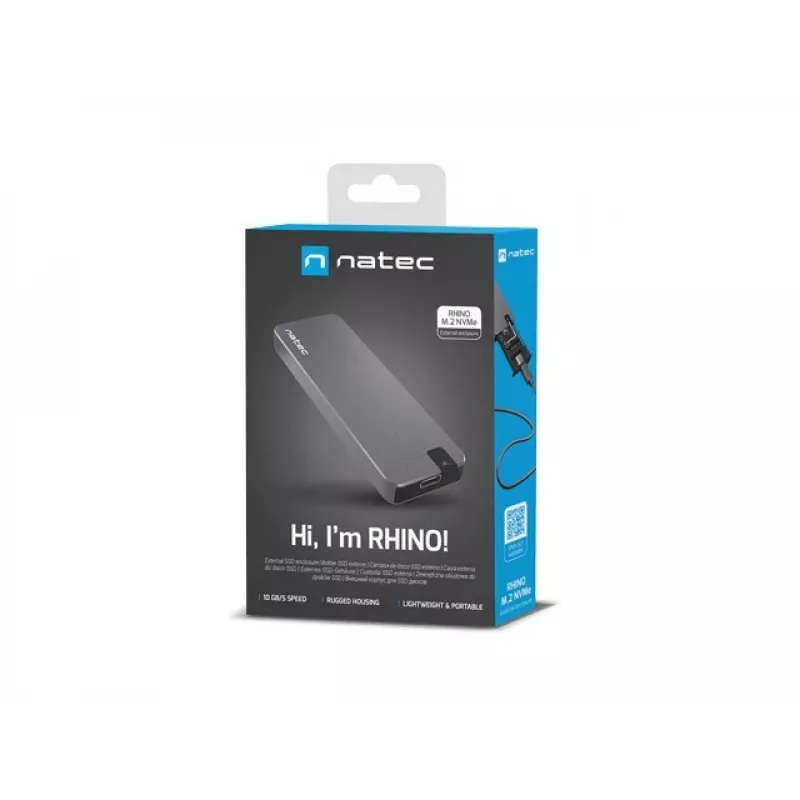 Natec Rhino NKZ-1953 box per SSD M.2 NVMe, USB-C 3.2 Gen 2 10 Gbps, M.2 2230/2242/2260/2280, fino a 2 TB, alluminio