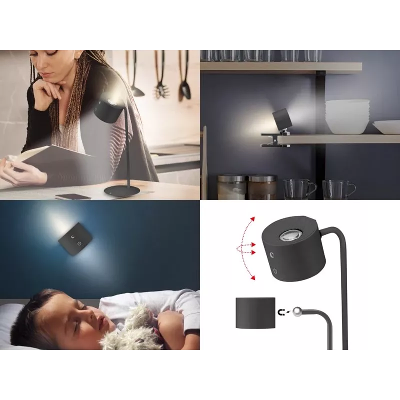 Beper P201UTP304 lampada LED ricaricabile con base magnetica, clip e supporto a parete, 2,3 W, dimmerabile, nera
