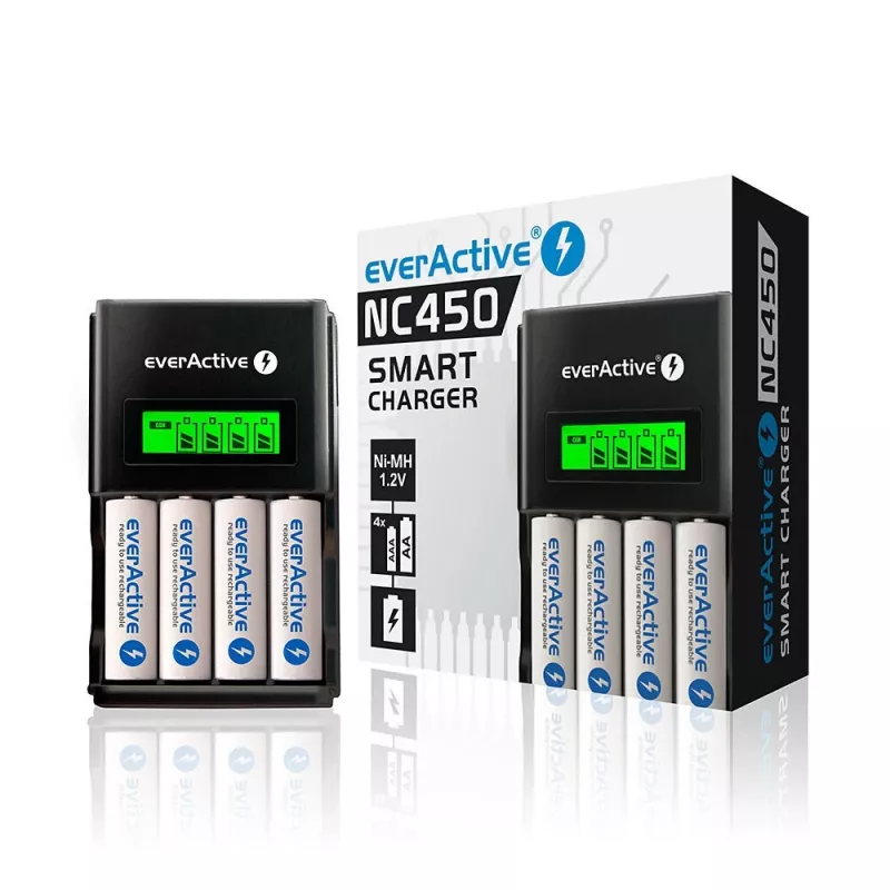 Caricabatterie everActive NC450B — caricabatterie 4 celle AAA, 110/230V AC, nero
