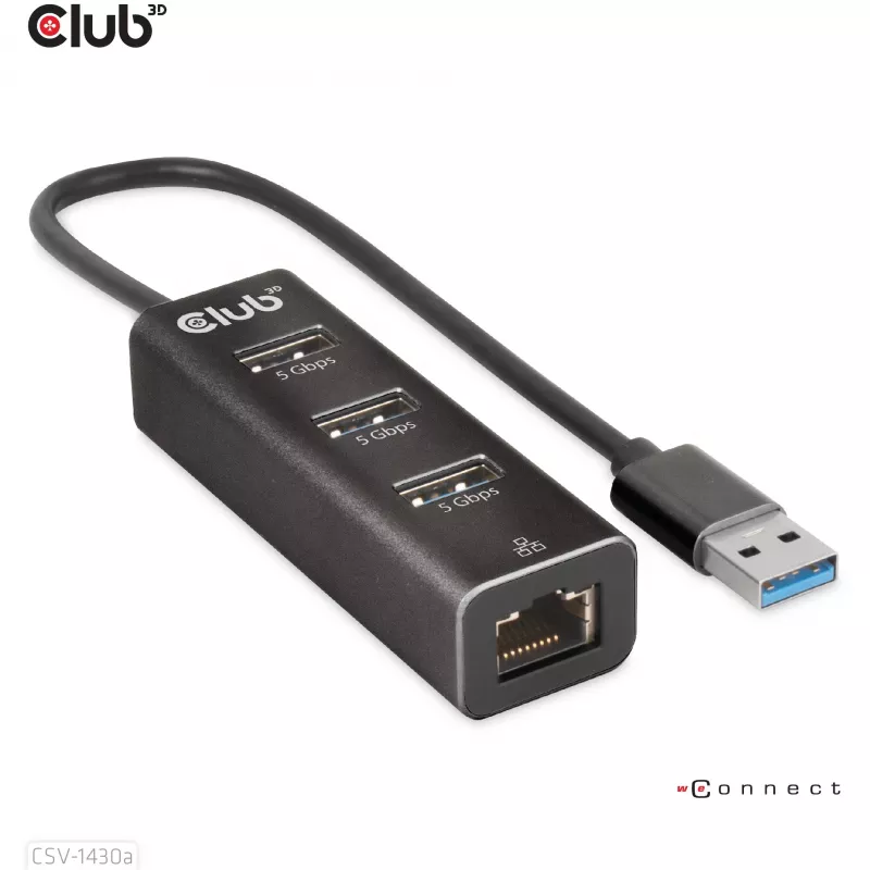 Hub USB CLUB3D USB 3.2 Gen1 Type-A con 3 porte e Gigabit Ethernet