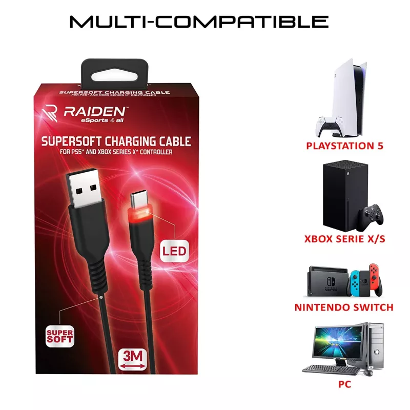 Cavo di ricarica USB-C SUBSONIC SA5601 3 m – compatibile con PS5, Xbox, Nintendo Switch