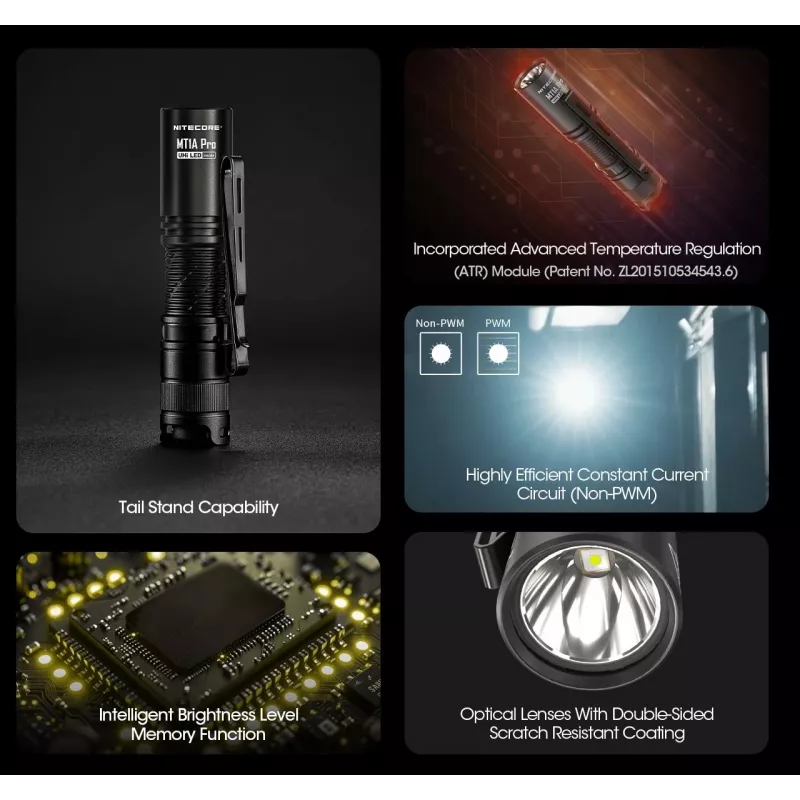 Torcia portatile Nitecore MT1A Pro — LED 50 lm, USB ricaricabile, 1100 mAh, alluminio, impermeabile, resistente agli urti, nero