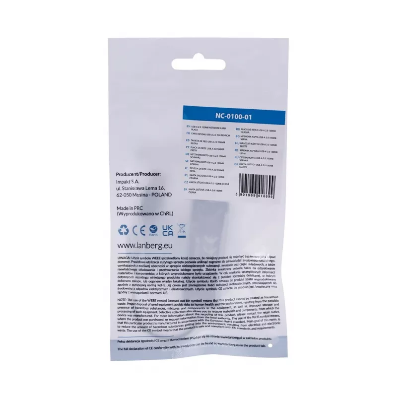 Adattatore di rete Lanberg NC-0100-01 da USB 2.0 a RJ45 100 Mbit, cavo da 0,15 m