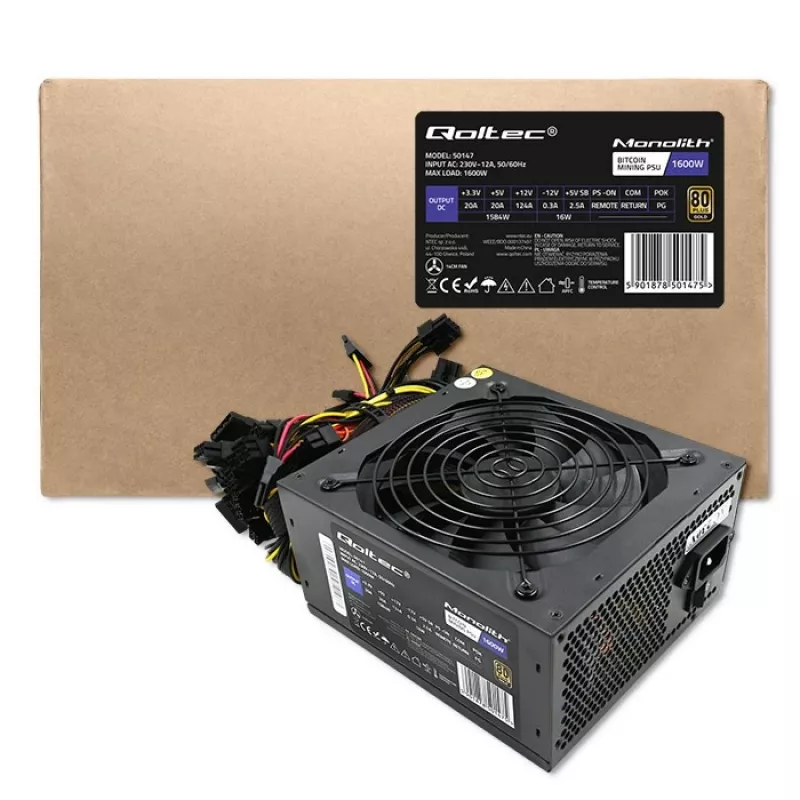 Alimentatore QOLTEC Gaming Miner 1600W Gold, 1600 W, ATX, efficienza Gold