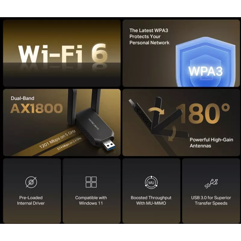 Adattatore USB Wi-Fi MERCUSYS MA72XH AX1800 con antenne High-Gain, USB-A Plug-and-Play