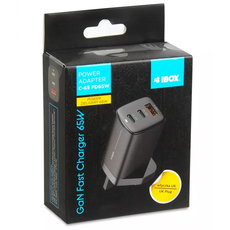 iBOX C-65 nero, caricabatterie universale GaN 65 W con spina UK
