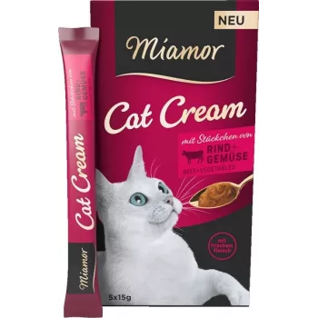 Snack umidi per gatti Miamor MIAMOR Cat Cream manzo 5×15 g — tubetti di pasta, 6×15 g, gatti adulti, umidità 87%