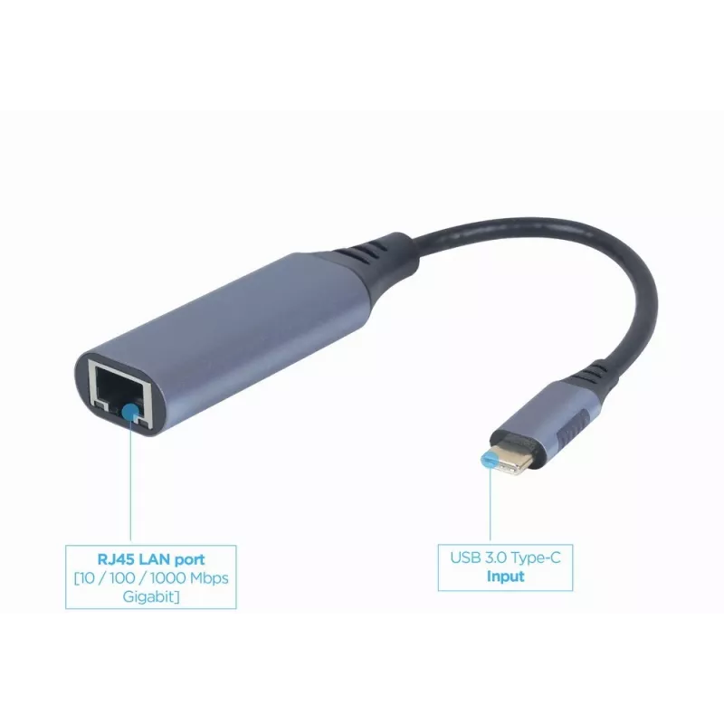 Adattatore di rete Gembird A-USB3C-LAN-01 Type-C USB 3.2 Gen 1, Gigabit RJ-45, cavo 0,15 m, case in metallo, grigio/nero