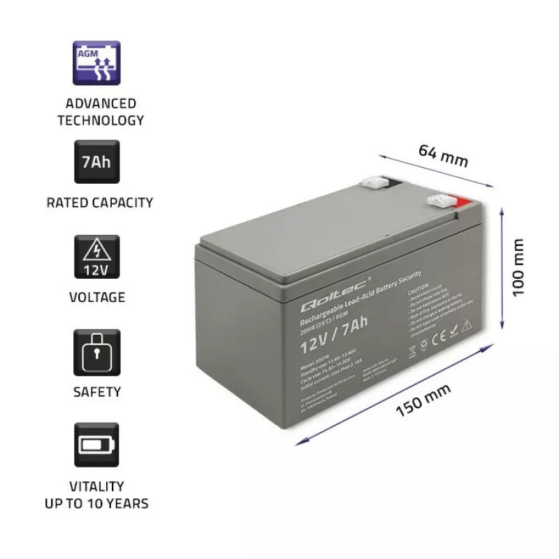 Batteria AGM Qoltec 53076 | 12V | 7Ah | sicurezza