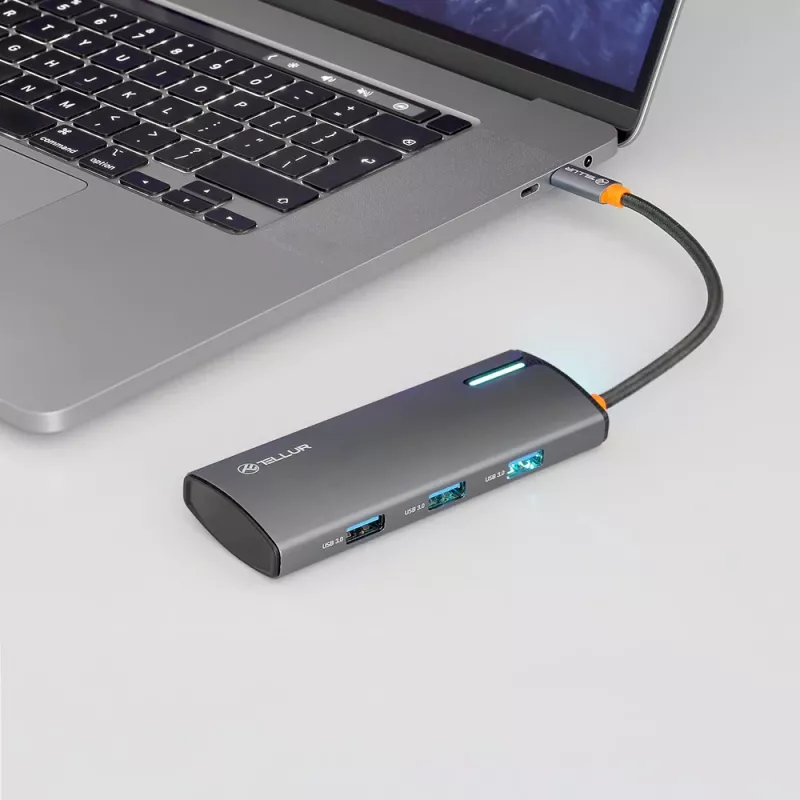 Hub USB-C Tellur TLL321061 con PD 3.0 100W, uscita HDMI e 3× porte USB 3.0