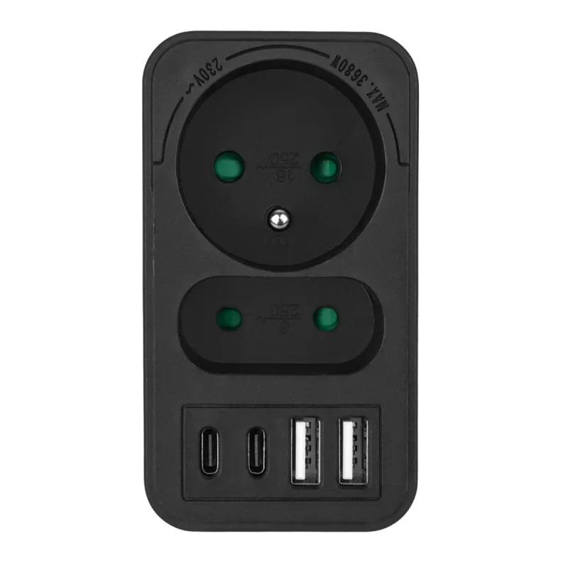 Power splitter MACLEAN MCE249 F/B – 2 prese AC (16A + 6A) con 2×USB-A e 2×USB-C PD 20W, spina EU, nero