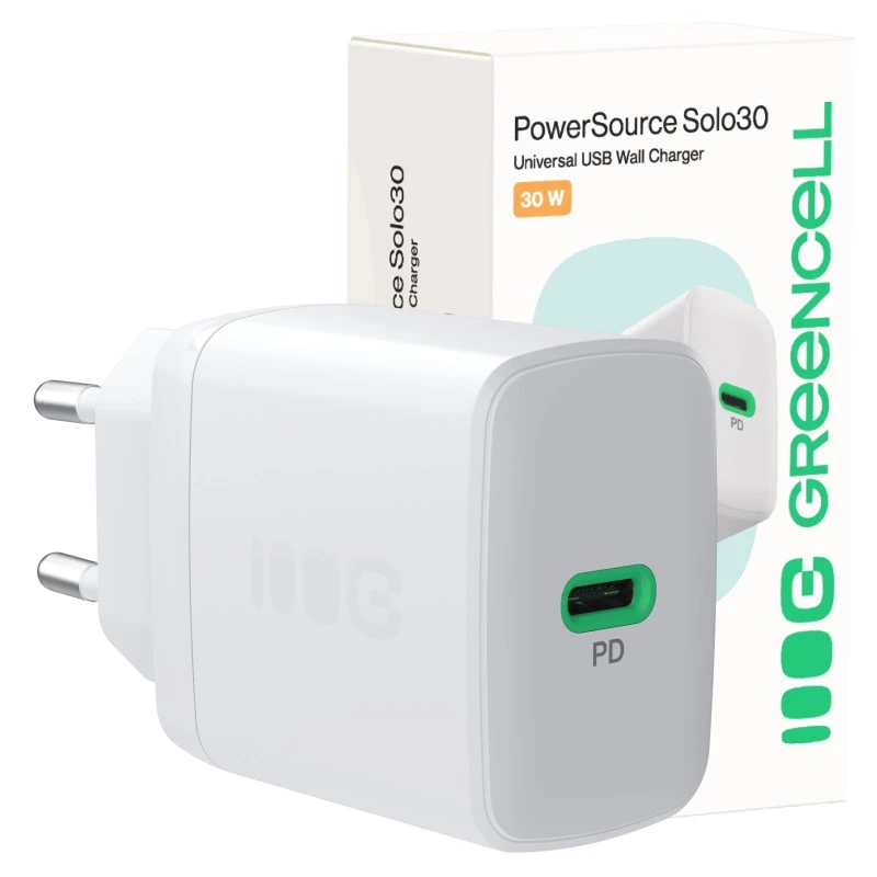 Alimentatore Green Cell PowerSource Solo30 30W bianco — caricabatterie USB-C, potenza in uscita 30 W