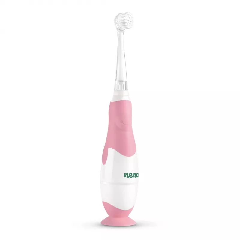 Spazzolino elettrico neno Denti rosa per bambini — vibrante, setole morbide, batteria AAA, timer 2 minuti