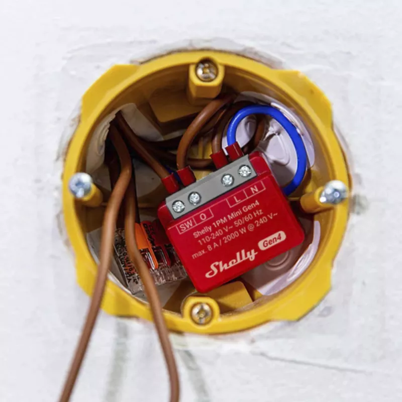 Interruttore smart Shelly 1PM Mini Gen4, wireless 110–240 V AC, max. 8 A / 2000 W, custodia in plastica 34×16×29 mm