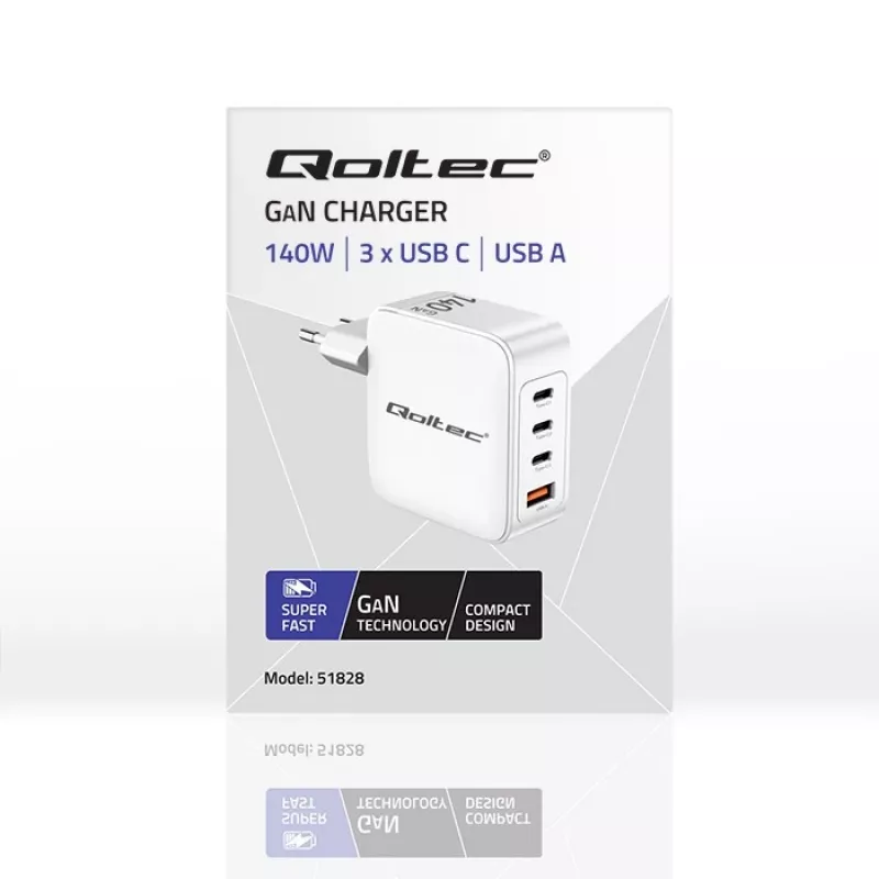 Caricabatterie QOLTEC 51828 140W GaN 3×USB‑C PD + 1×USB‑A QC 3.0 – caricabatterie rapido multiporta