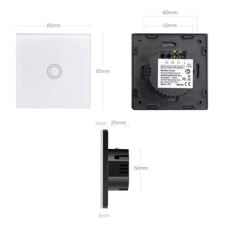 Maclean MCE702W interruttore luce touch, singolo, in vetro, pulsante rotondo, 86x86 mm, bianco