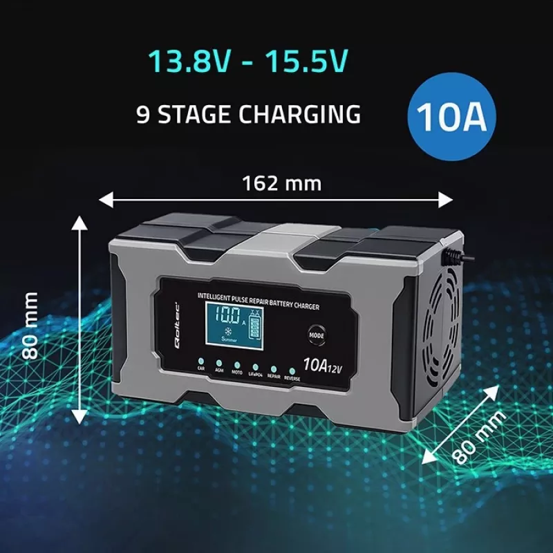 Caricabatterie QOLTEC 52493 12V 10A con funzione di riparazione per batterie AGM