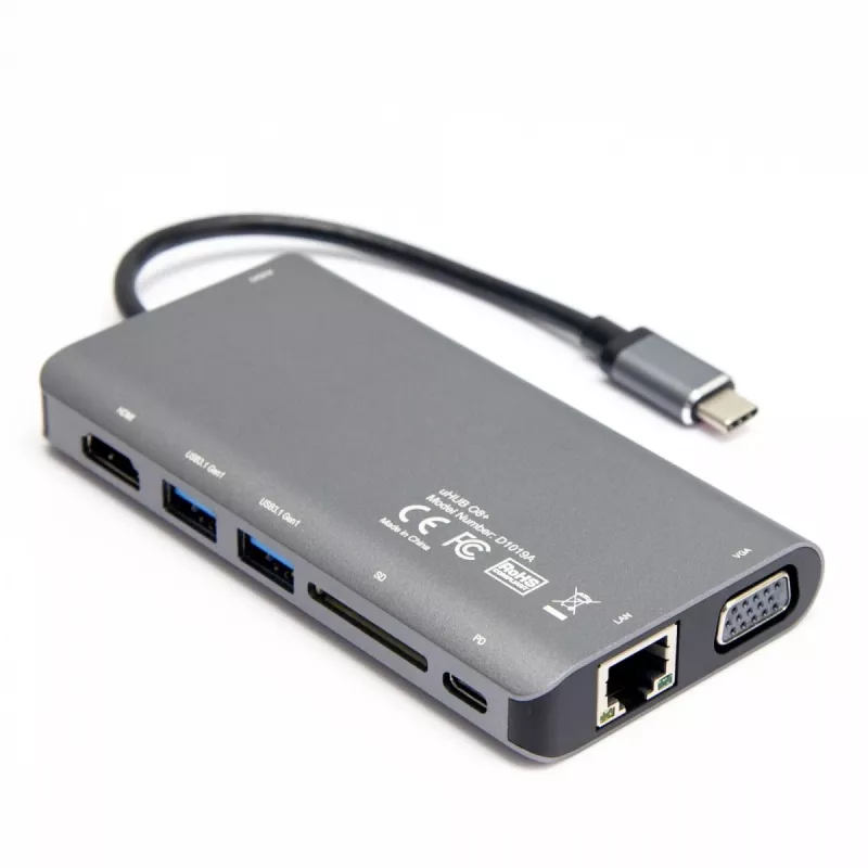 UNITEK uHUB O8+ hub USB 3.2 Gen 1 Type-C con filo, grigio, 100W Power Delivery