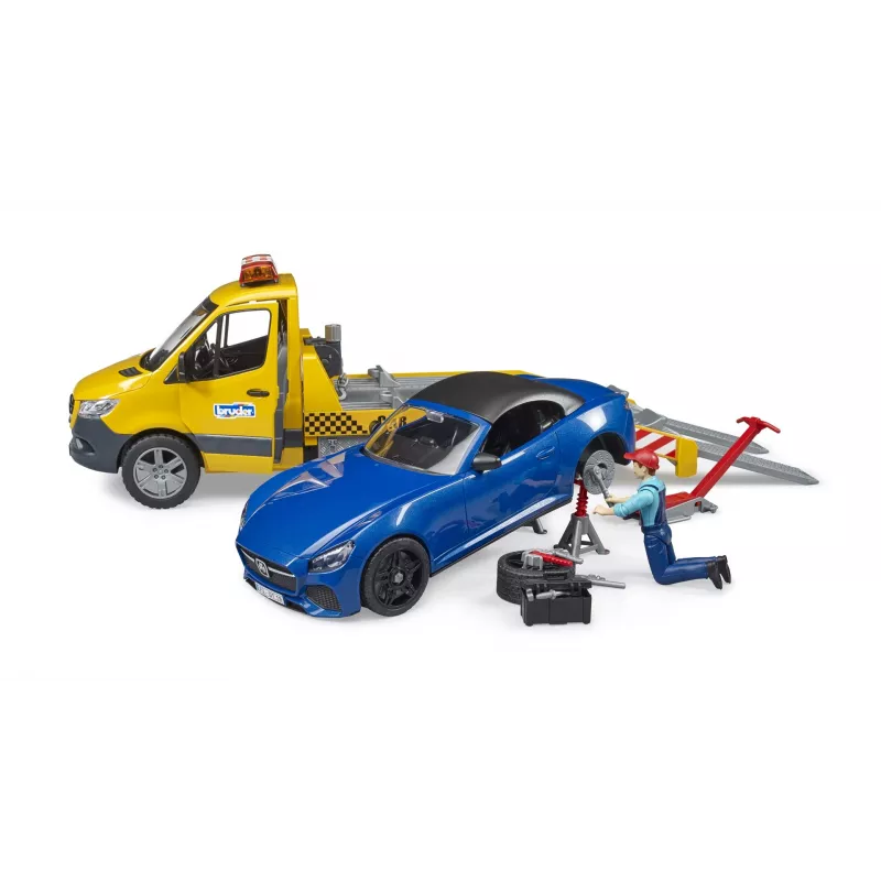 Bruder MB Sprinter trasportatore di auto con modulo luci e suoni, arancione/blu, roadster incluso