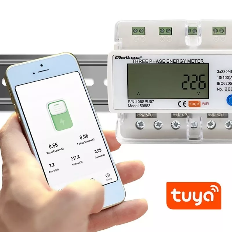 Contatore di energia trifase QOLTEC 50883 Wi‑Fi 400V con display LCD