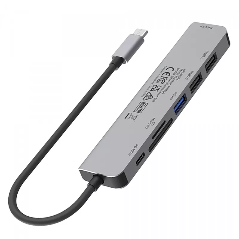 Hub USB-C Unitek 7in1 alluminio PD 100W 5 Gbps — adattatore multiporta con Power Delivery