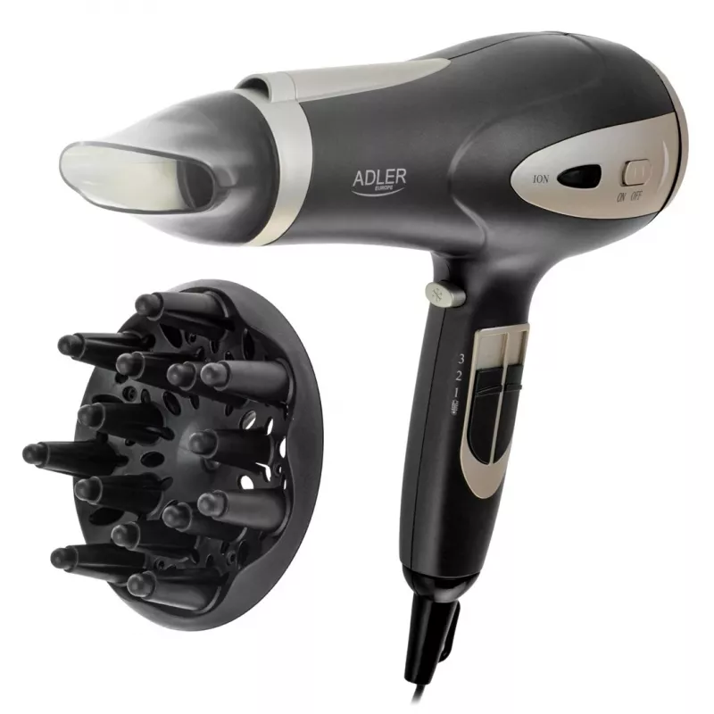 Asciugacapelli Adler AD 2248gc 2200W — ionico, 2 velocità, 3 temperature, getto freddo, diffusore, concentratore, cavo 1,8 m