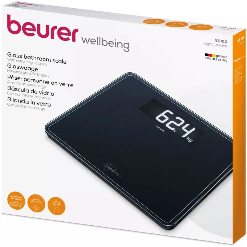 Bilancia pesapersone Beurer GS 410 Signature Line – superficie in vetro nera, modello 735.76