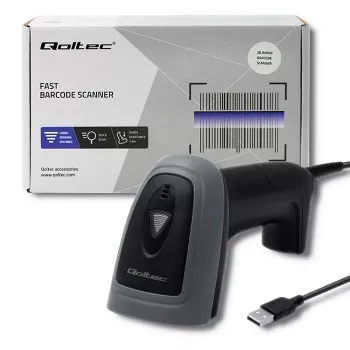 Lettore di codici a barre portatile QOLTEC 50863 — scanner 1D/2D, USB con cavo, sensore LED, nero, 5V, cavo 1,8 m