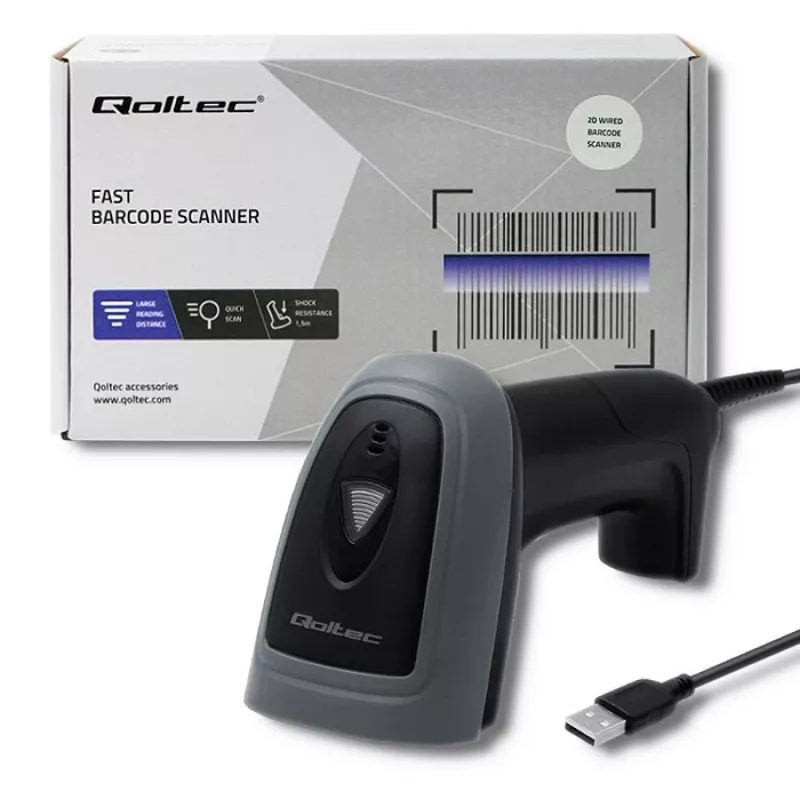 Lettore di codici a barre portatile QOLTEC 50863 — scanner 1D/2D, USB con cavo, sensore LED, nero, 5V, cavo 1,8 m