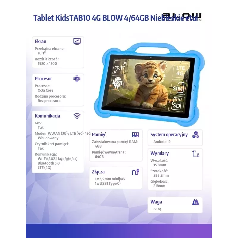 BLOW KidsTAB10 4G tablet, 10,1 pollici FHD 1920x1200, octa-core T606 1,6 GHz, 4 GB RAM, 64 GB, Android 12, LTE, GPS, con custodia, blu