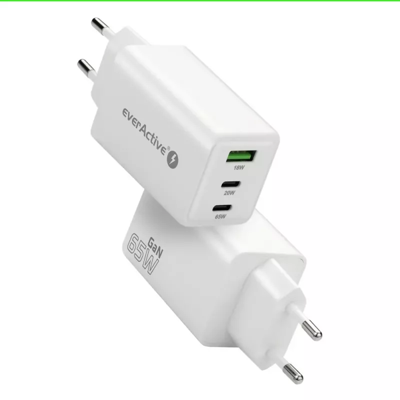 Caricabatterie everActive SQ-655Q 65W, 1×USB-A + 2×USB-C ricarica rapida