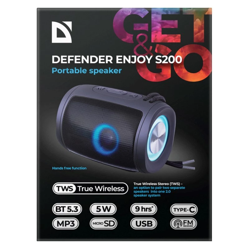 DEFENDER Enjoy S200 65200 altoparlante Bluetooth portatile, TWS, 5 W, luce LED, FM, microSD, batteria da 10 h, nero