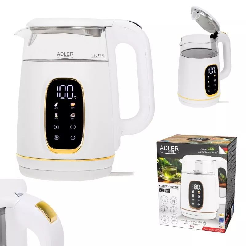Bollitore Adler AD 1305WG — 1,7 l, 2200 W, vetro/plastica, bianco/oro/trasparente